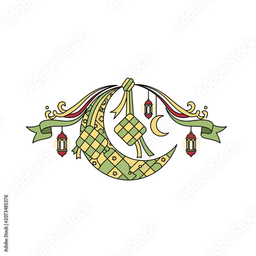 A decorative crescent moon illustration with hanging lanterns and ribbons