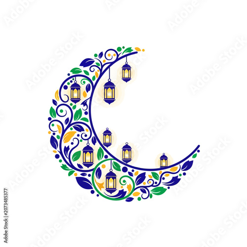 A decorative crescent moon with hanging lanterns and floral patterns