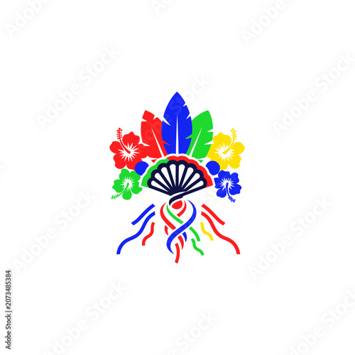 A colorful festive illustration featuring flowers and decorative feathers