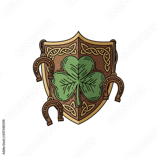 A decorative shield featuring a green clover and metal horseshoes