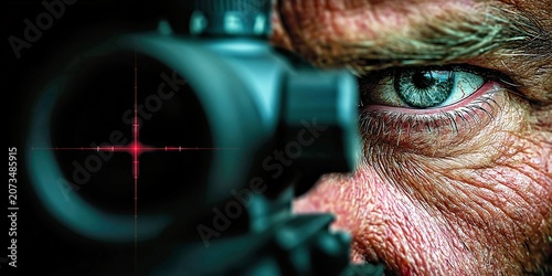 Intense sniper eye behind rifle scope in extreme closeup