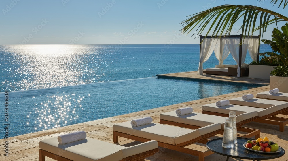 Fototapeta premium Infinity pool overlooking the blue ocean with luxury lounge chairs and cabana on a sunny day at tropical resort