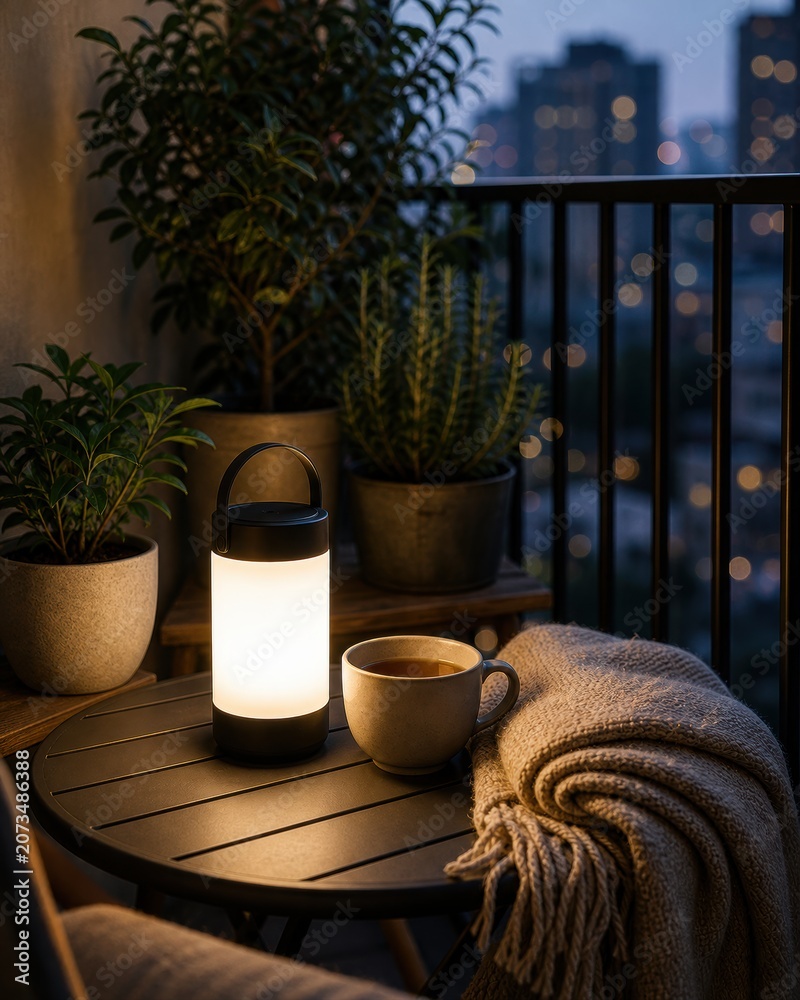 Fototapeta premium Cozy balcony with a lantern, a cup of coffee, and plants during twilight in a city