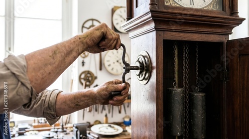 Clockmaker winding the gears of an antique wooden grandfather clock with a metal crank key