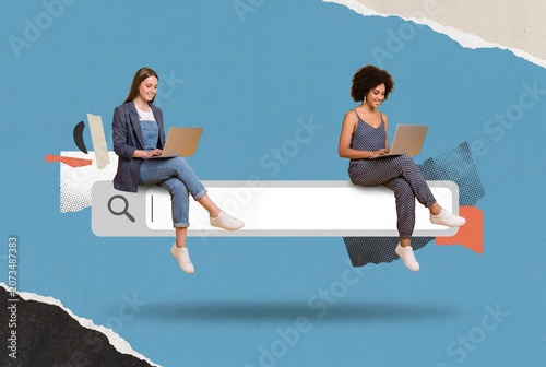 Two young women, diverse in appearance, sit on a floating search bar, each engrossed in their laptop, representing the digital age and online connectivity.