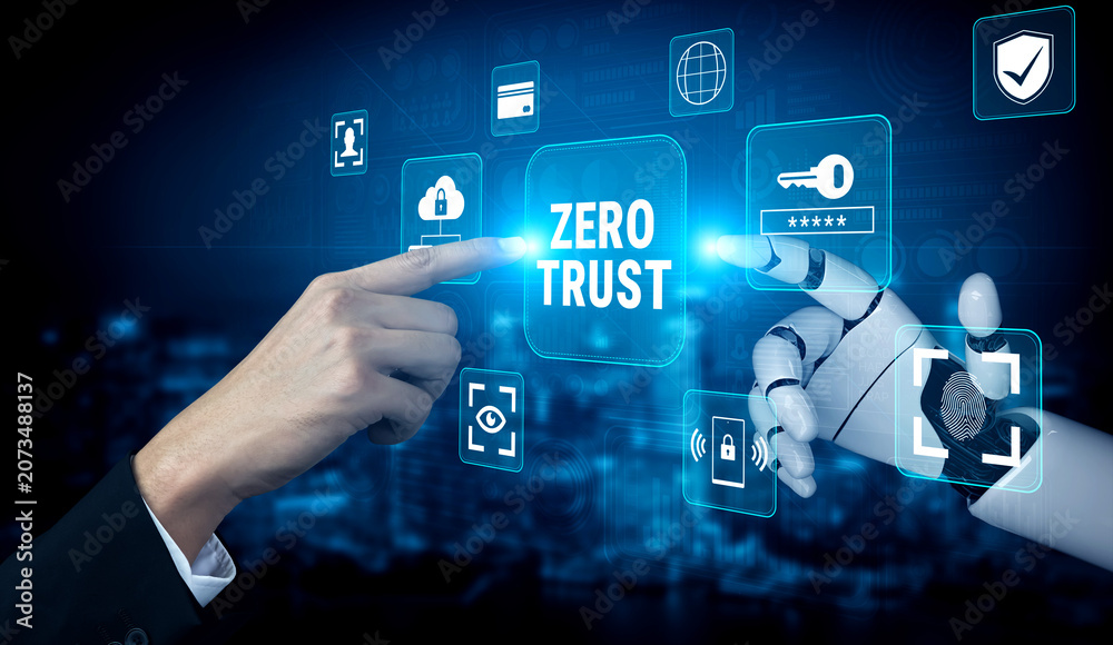 Obraz premium Human Hand and Robotic Hand Interacting with Digital Icons in Cybersecurity Theme Representing Zero Trust Concept for Modern Technology Solutions. Glyphic.