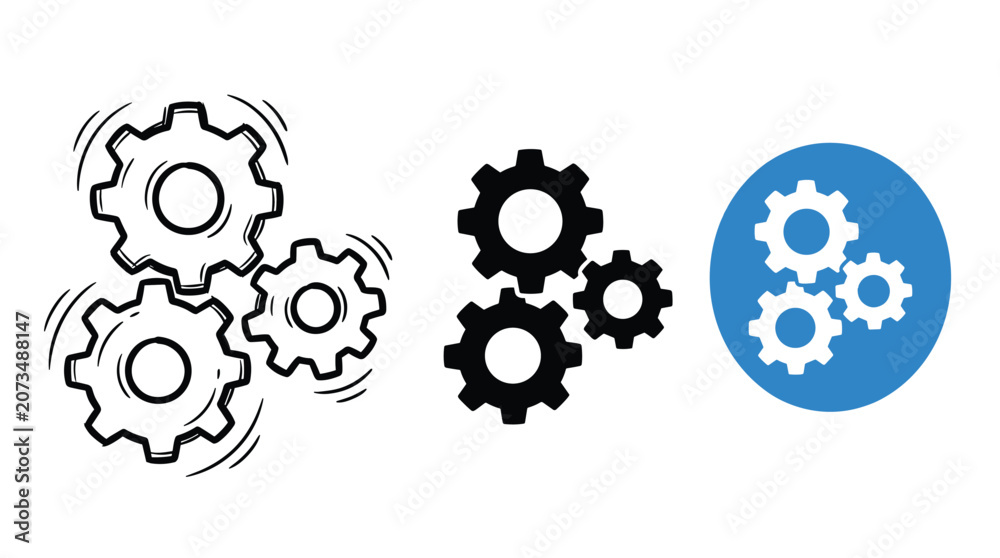 Obraz premium Collection of gear icons designed in various styles including sketch solid and blue circle for technology engineering and industrial mechanic themes.