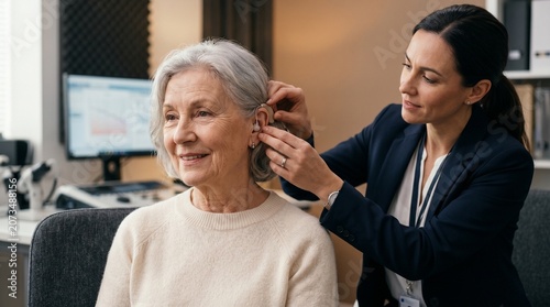 audiologist fitting hearing aid elderly woman professional ear care clinic
