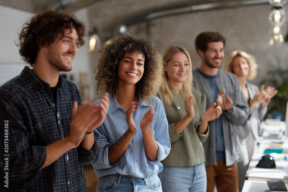 Obraz premium Group of employees clapping and celebrating successful project in modern office 