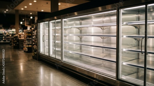 empty refrigerated display cases grocery store commercial cooling units
