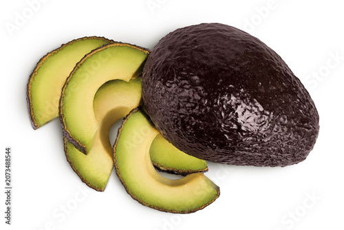 avocado and slices isolated on white background. Top view. Flat lay
