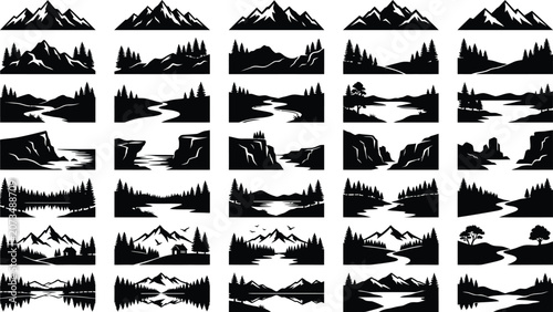 Black and white of various mountain silhouettes in different shapes and sizes mountain shapes mountain outlines