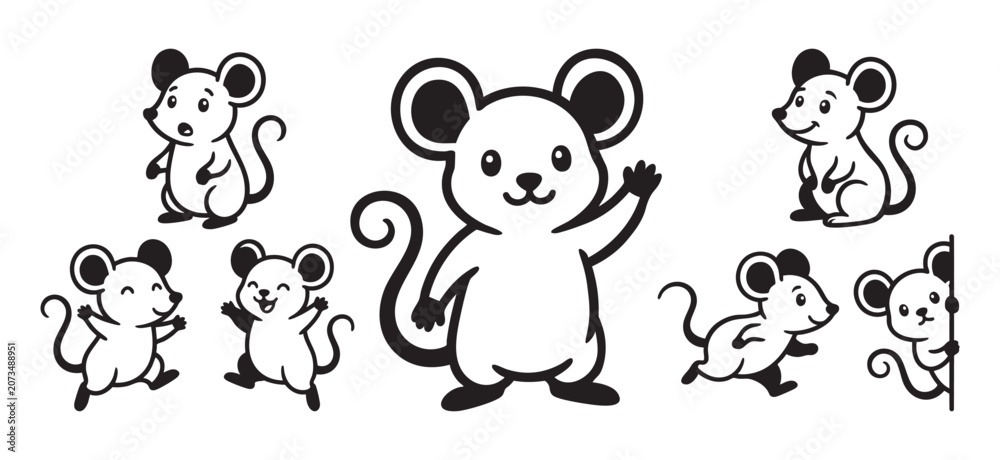 Obraz premium Cute Cartoon Mouse Collection in Black Outline Vector Set
