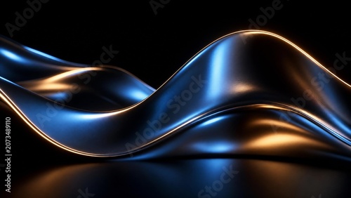 Metallic liquid waves with blue and gold reflections, abstract chrome flowing curves on black background, futuristic 3D fluid metal texture