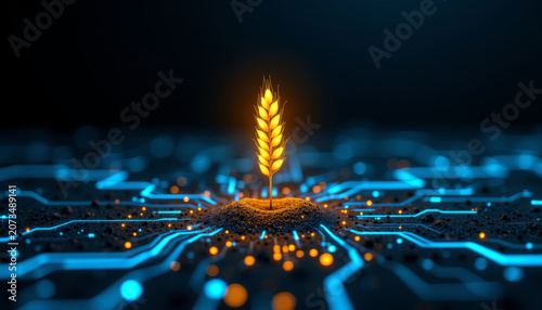 Futuristic agriculture concept featuring radiant golden wheat emerging from a high tech circuit board