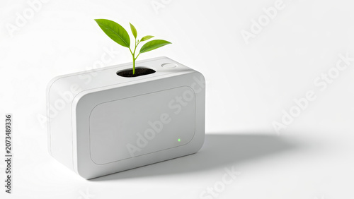 Minimalist home energy storage battery with green plant sprout on white background symbolizing sustainability and eco friendly technology