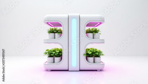 Innovative minimalist vertical farming module design showcasing smart agriculture technology on white background