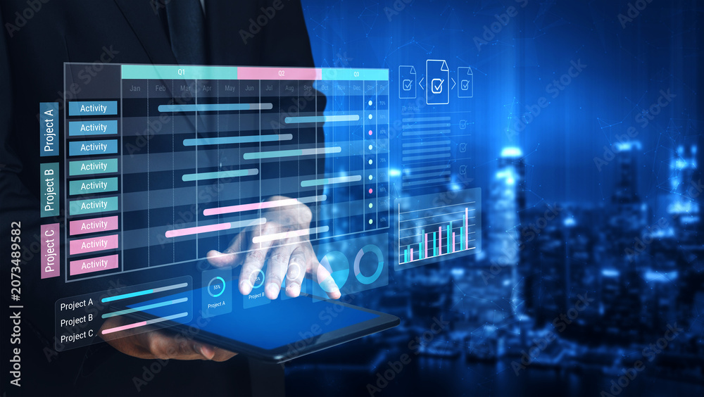 Fototapeta premium Comprehensive project management dashboard integrates scheduling, progress tracking, and performance analytics to improve workflow efficiency and enhance team collaboration. Parse
