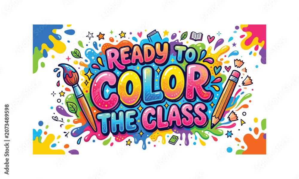 Fototapeta premium Vibrant classroom decor with colorful text and art supplies