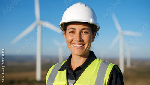 Smiling female clean energy engineer in safety gear standing among wind turbines promoting renewable energy solutions