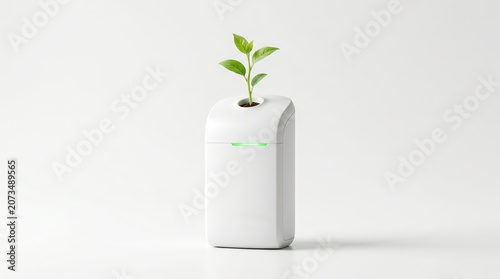 Eco friendly home energy storage solution featuring a growing plant to promote sustainable living practices