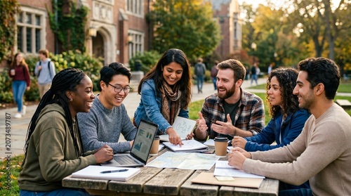 multicultural university students outdoor teamwork friendship campus

