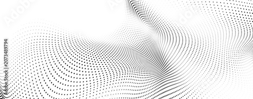 Abstract black organic halftone dot wave background, flowing geometric particle mesh pattern with futuristic digital technology vector illustration