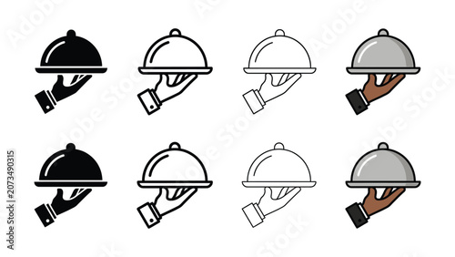 Fotografía Eight illustrations of hands holding covered serving dishes in various colors an
