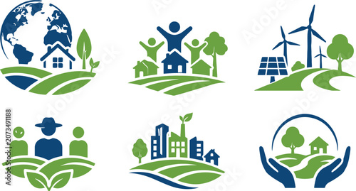 A collection of professional green energy and sustainability vector illustrations featuring earth icons, solar panels, wind turbines, and community homes