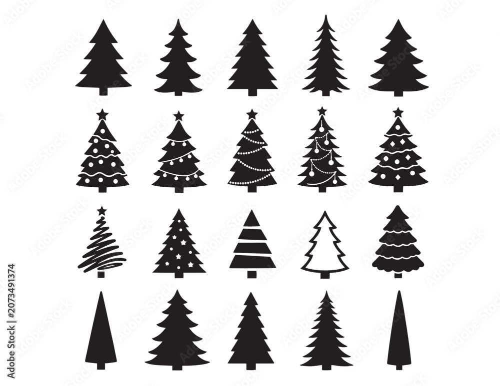 Obraz premium Christmas tree vector icon set, 20 festive evergreen tree silhouettes, holiday season graphic elements, winter celebration design assets