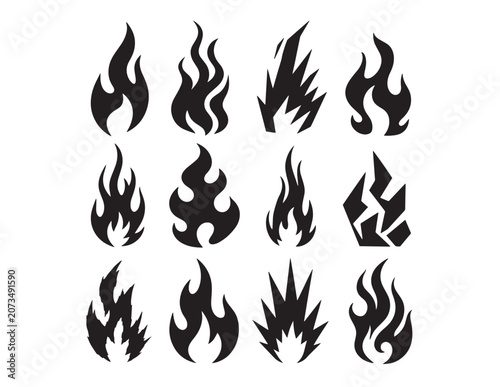 Photography Dynamic fire flame vector icon set, abstract black silhouette fire elements, bur