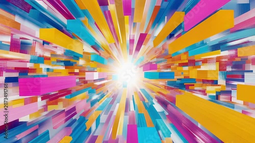 Vibrant explosion of multicolored three dimensional geometric blocks flying toward central light source creating sense of rapid movement and infinite creative energy