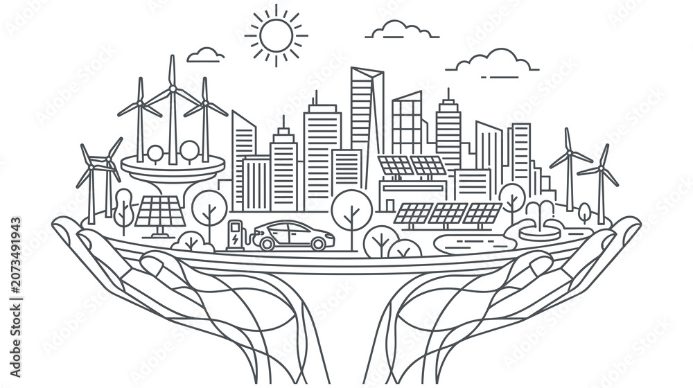 Fototapeta premium Hands holding green eco friendly sustainable smart city.