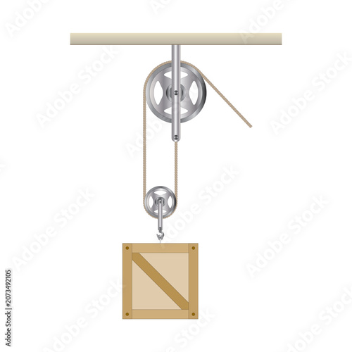 Diagram of a physical pulley system comprising fixed and moving pulleys.