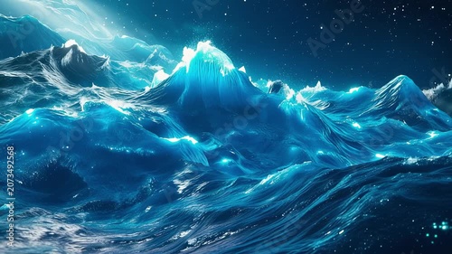 Abstract Glowing Blue Ocean Waves Rising Like Majestic Mountains Under Starry Cosmic Night Sky Filled with Ethereal Energy and Deep Sapphire Light
