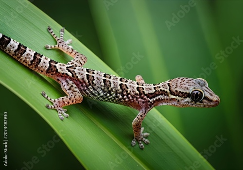 Small Gecko with Patterned Skin Rests on a Vibrant Green Leaf in Soft Light