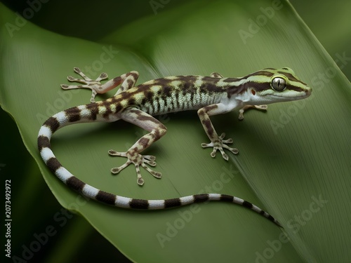 Small Gecko with Patterned Skin Rests on a Vibrant Green Leaf in Soft Light