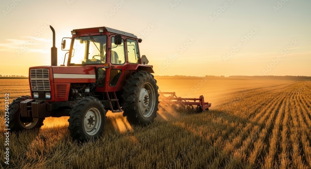Fototapeta premium Rustic red tractor plowing a golden wheat field at sunrise, backlighting dust and creating sunbeams, perfect for agricultural themes.