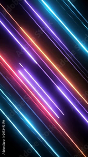 Diagonal Neon Light Lines Moving on Black Background - Vertical Speed Loop 