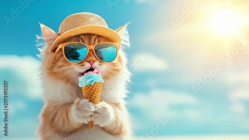 Cat in sun hat and sunglasses eats ice cream. Summer vacation animal enjoying a sweet treat concept. Cute pet ready for funny beach rest advertisement.