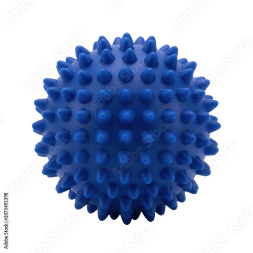 Sapphire blue spiky massage ball with matte texture isolated on a white background with soft studio lighting wellness and therapy concept