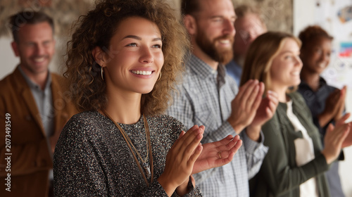 Employees applauding as a colleague receives recognition or award, smiling, appreciation culture

