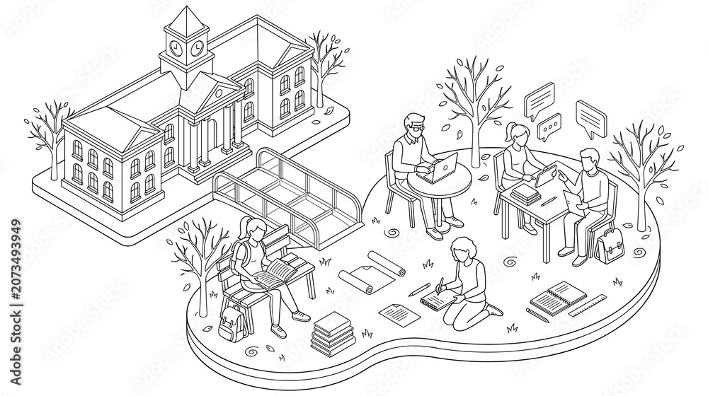 Naklejka premium Isometric university students studying on campus lawn.