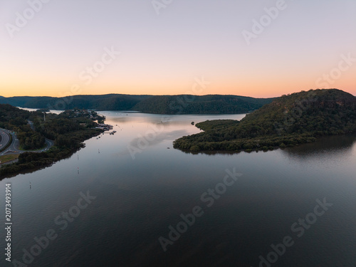 Beautiful aerial view around the lake at sunset time.