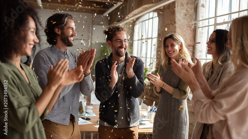  A joyful moment where office employees celebrate success, promoting positivity and team spirit.
