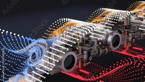 Virtual model visualizing welding line activities in a medium shot focusing on sensor data fusion and predictive maintenance alerts for seamless production.
