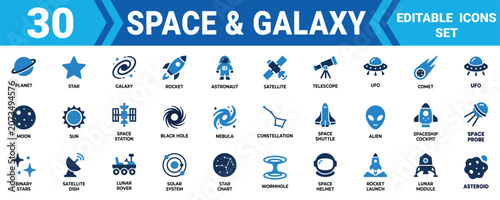 Canvastavla Set of 30 space and galaxy icons featuring planets rockets astronaut stars and a