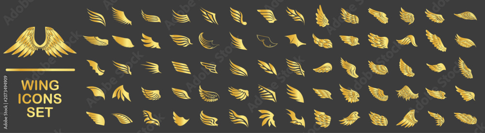 Fototapeta premium Collection of gold wing icons in various stylized shapes and decorative designs. Multiple feather and bird inspired elements in a shiny metallic look on transparent background.