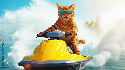 Funny ginger cat wearing sunglasses riding a yellow jet sky across ocean water near tropical beach under summer sun digital art for greeting card