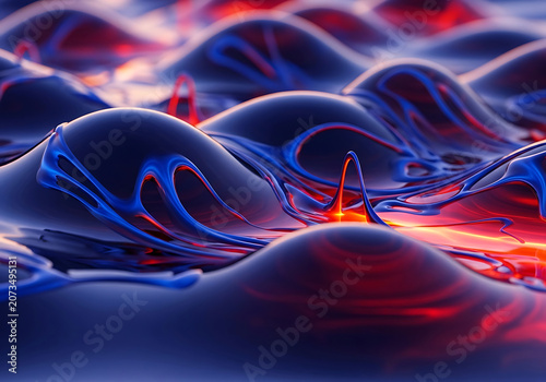 Abstract liquid waves with glowing red and blue illumination during a macro focus creating a fluid science concept background